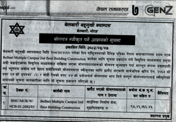 बोलपत्र स्वीकृत गर्ने आशयको सूचना 